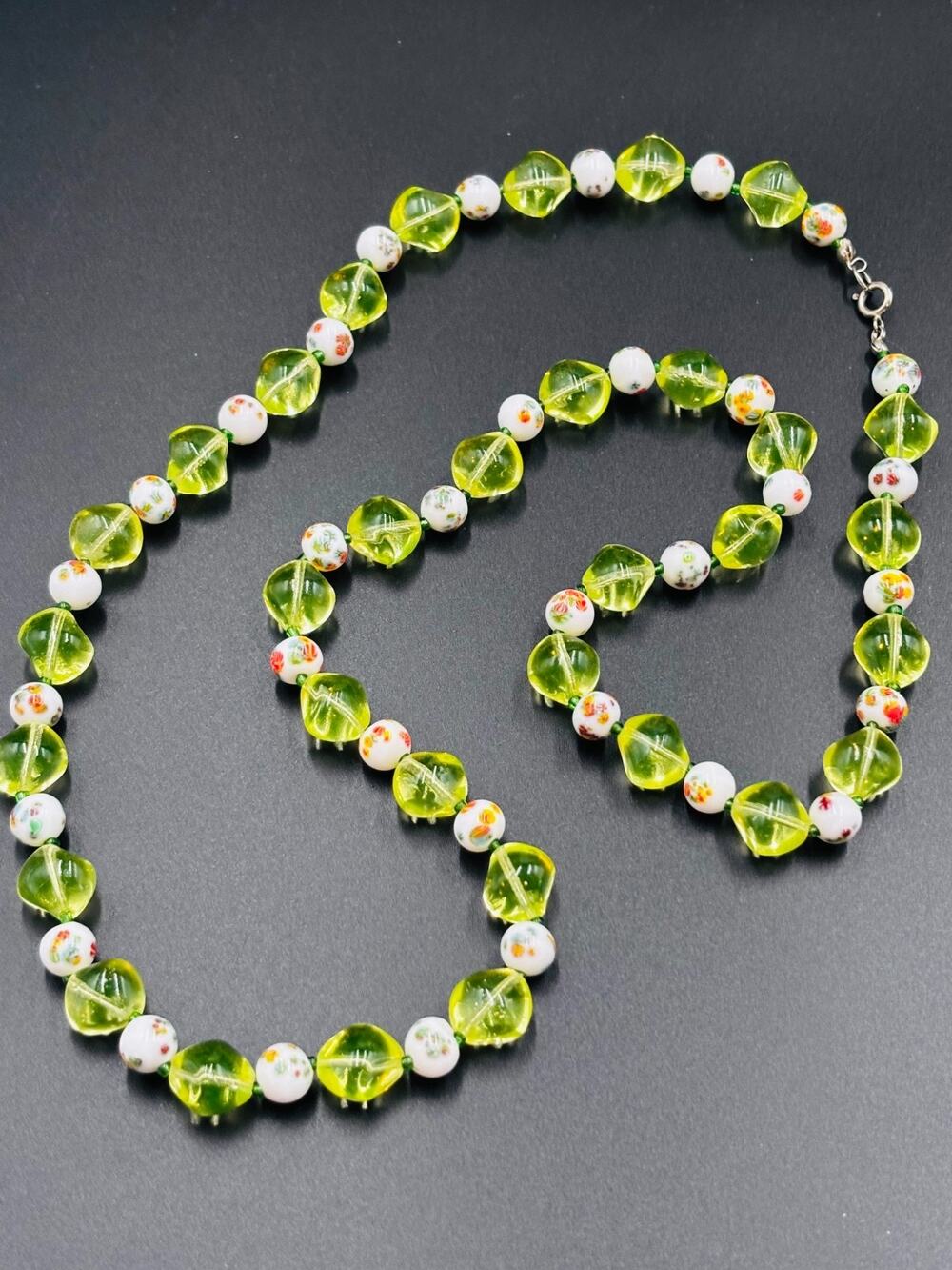 Czech Glass Uranium Pillow Bead Necklace Opera Length 30" Millefiori Accent Bead